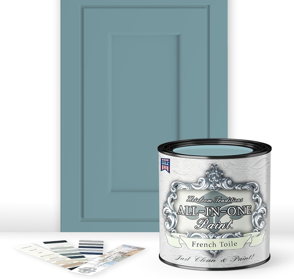 ALL-IN-ONE Paint, Durable cabinet and furniture paint. Built in primer and top coat, no sanding needed. Includes our 30 featured color card - French Toile (warm blue), Quart