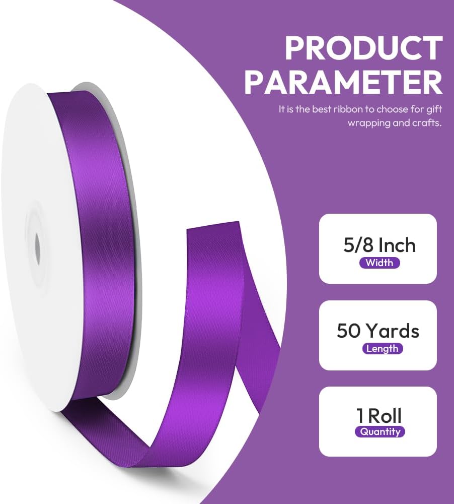 5/8" x 50 Yards Satin Ribbon - Purple Silk Ribbon with Spool - Ideal for Gift Wrapping, Floral Bouquets, Crafts, Wedding Party Decorations, Christmas and Sewing Projects