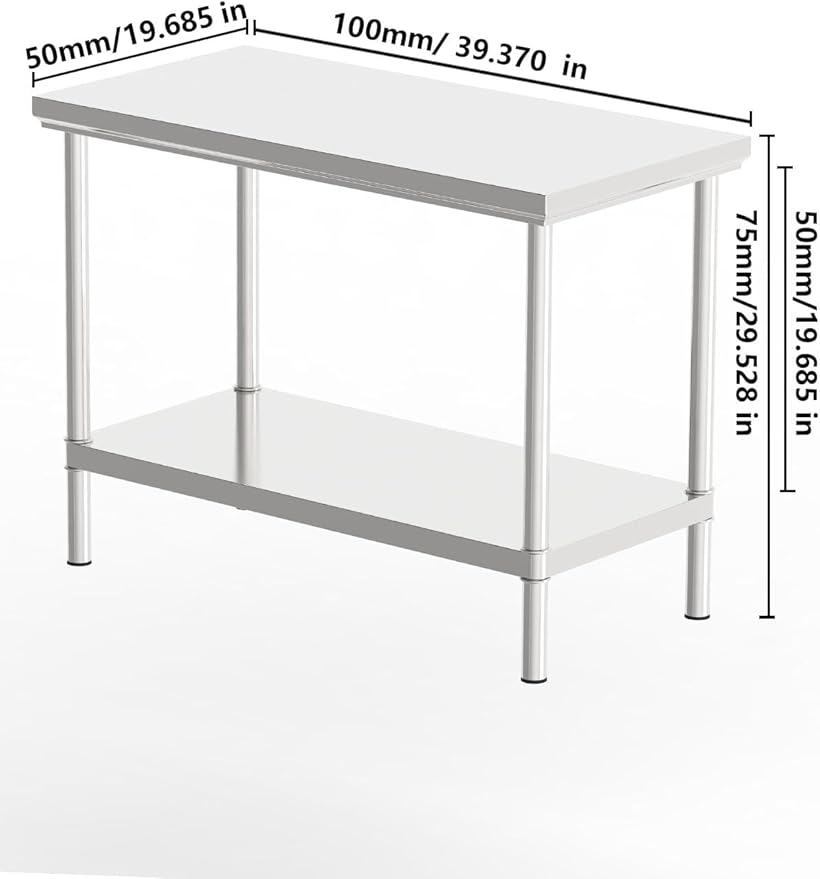 Stainless Steel Commercial Kitchen Prep Table, 39x20 Inch, NSF Work Table with Undershelf, 5-Layer Wire Drawing Process, Easy Installation (39IN*20IN*30IN*Double-Deck Workbench)