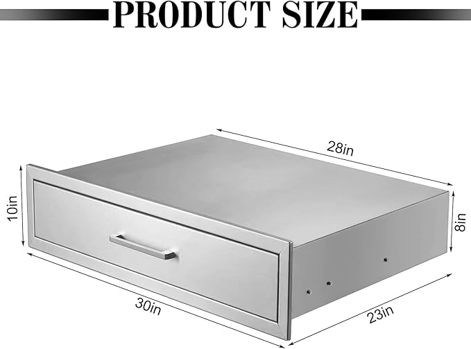 Outdoor Kitchen Drawers,Stainless Steel BBQ Single Drawer with Chrome Handle,30" W x 10" H x 23" D Access Drawer Flush Mount for Outdoor Kitchen,BBQ Island