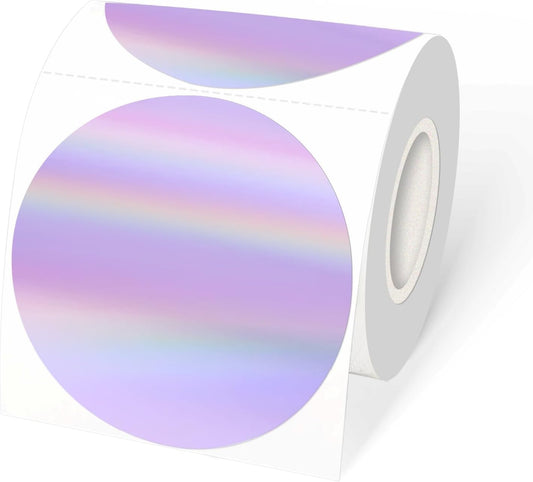 3" Holographic Direct Thermal Label Stickers, Round Printable Rainbow Glitter Thermal Printer Sticker Labels for Gift Wrapping, Self-Adhesive DIY Custom Logo Design- Holographic Purple