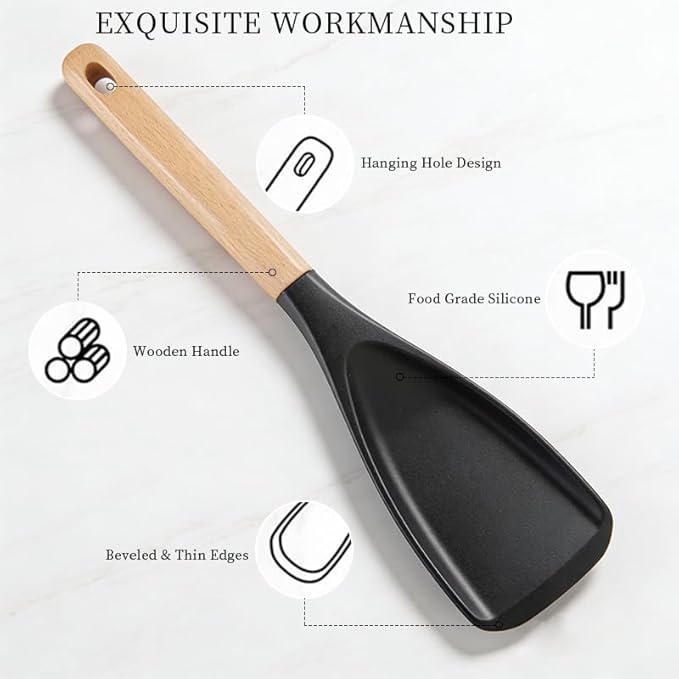 2-Pack Cedar and Ash Spoonula, Multifunction Spatula Cooking Spoon,Non stick Flat Serving Spoons, Heat Resistant Kitchen Cucharras for Mixing, Stiring, Scooping, Scraping, Basting (Black)