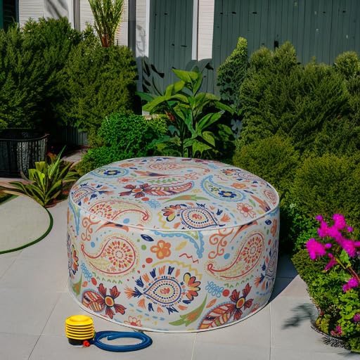 Kozyard Inflatable Ottoman Stool - Portable Round Pouf for Indoor/Outdoor Use - Perfect Small Foot Rest or Seating for Kids and Adults - Ideal for Camping or Home (Abstract Warm)
