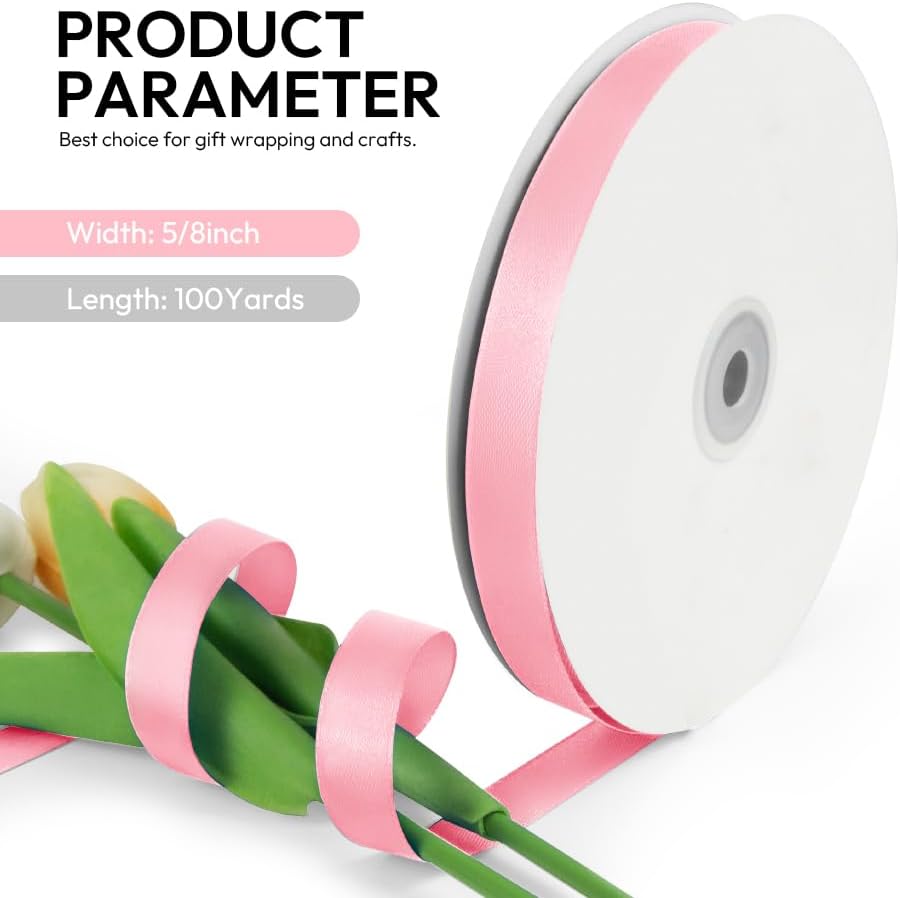 5/8 Inch 100 Yards Satin Ribbon Light Pink, Solid Color Fabric Ribbon for Gift Wrapping, Wedding, Polyester Gift Ribbon for Birthday Party Decoration, Craft, Hair, Floral, Sewing