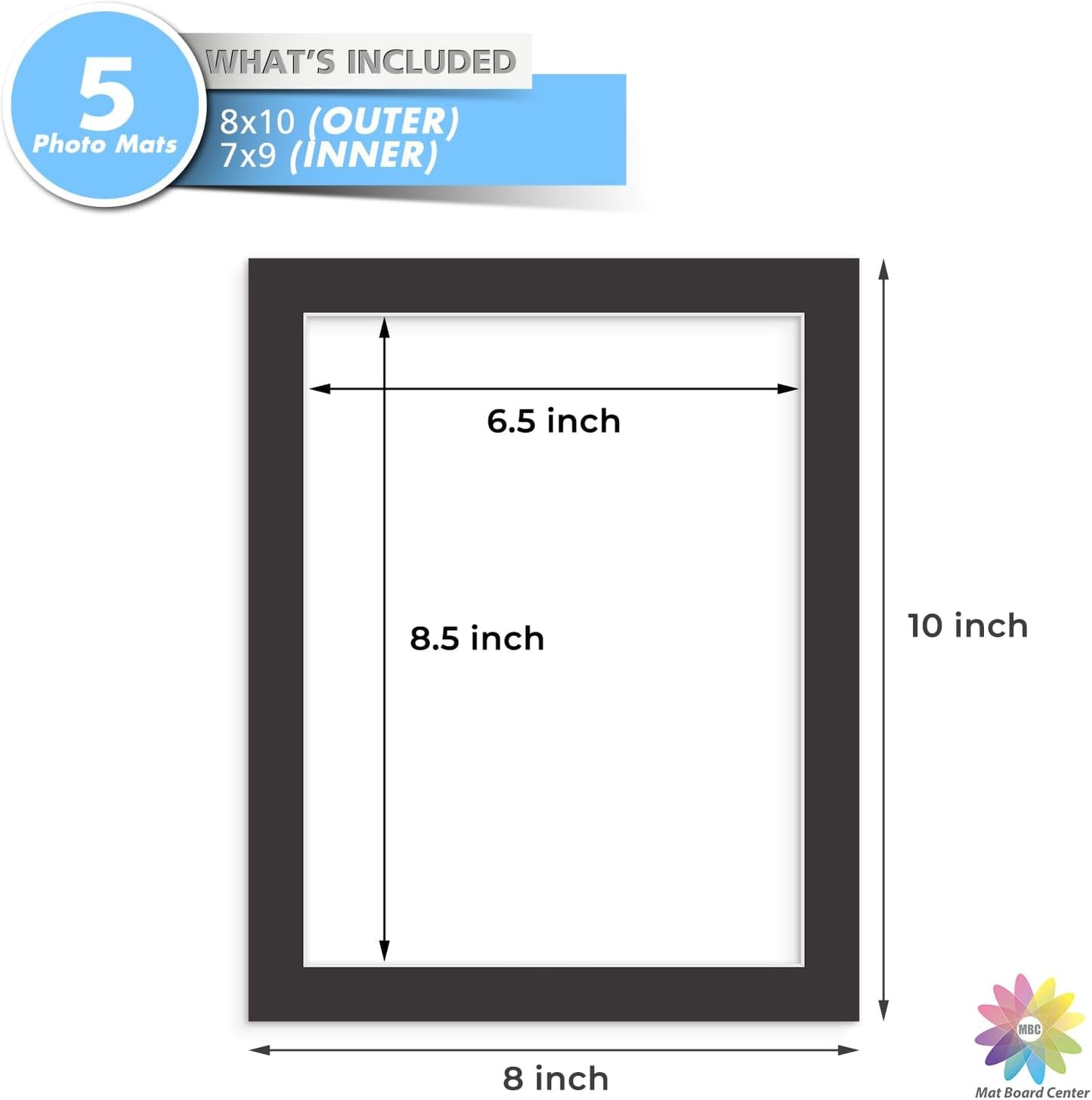 MBC MAT BOARD CENTER, 5 Pack 8x10 for 7x9 Black Picture Mats Frame Mattes, Bevel Cut, Acid Free, 4-ply Thickness