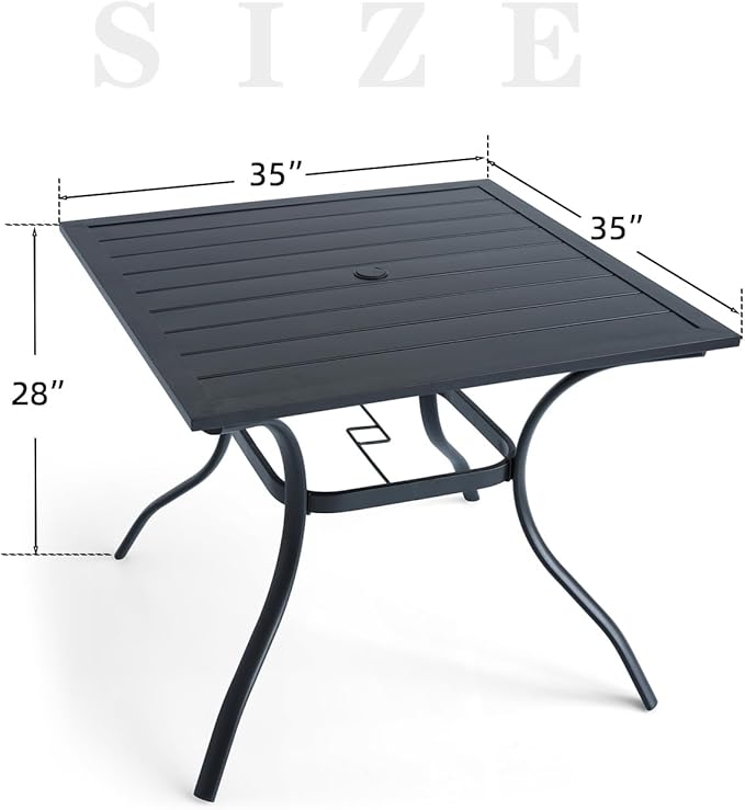 Patio Dining Square Table Outdoor Steel Table with Umbrella Hole 35" x 35" x 28" - Black