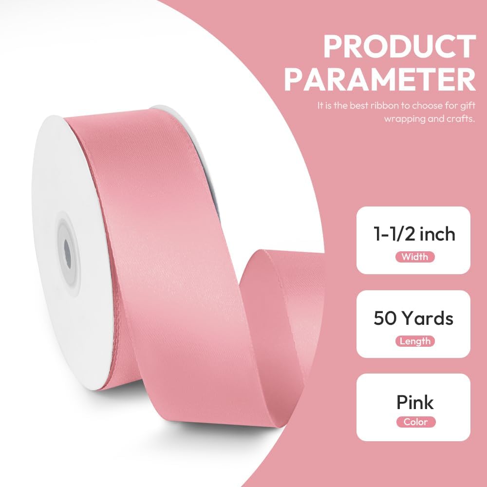 1-1/2" x 50 Yards Satin Ribbon - Pink Silk Ribbon with Spool - Ideal for Gift Wrapping, Floral Bouquets, Crafts, Wedding Party Decorations, Christmas and Sewing Projects