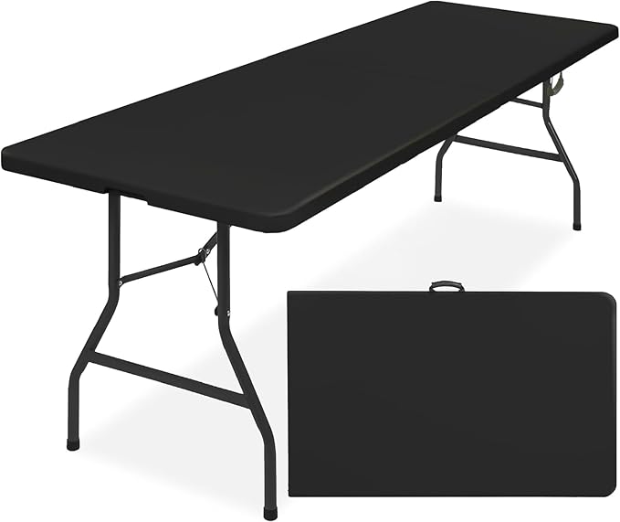 SIMPLI-Magic 8ft Portable Plastic Folding Table – Indoor & Outdoor Heavy-Duty Foldable Utility Table w/Handle for Party & Camping (Black)