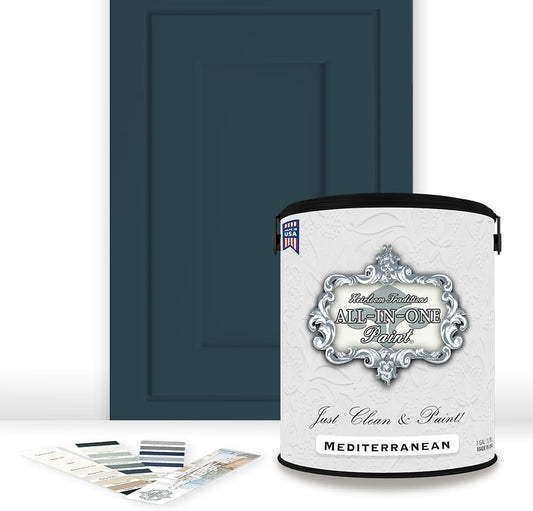 ALL-IN-ONE Paint, Durable cabinet and furniture paint. Built in primer and top coat, no sanding needed. Includes our 30 featured color card - Mediterranean (blue teal), Gallon