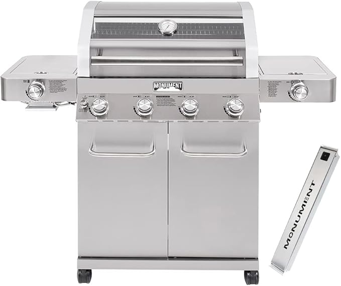 Monument Grills Larger 4-Burner Propane Gas Grills Stainless Steel Cabinet Style with Infrared Side Sear Burners & Side Burners with Smoke Box(2 items)