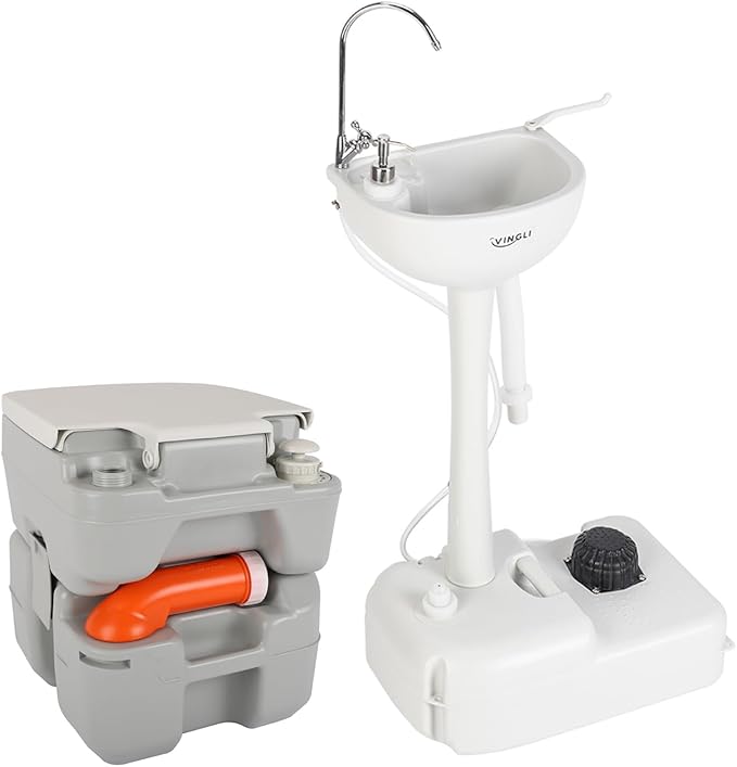 VINGLI Portable Sink and Toilet Combo| Self-contained 5 Gal Hand Washing Station and 5.3 Gal Flushing Toilet, Perfect for Camping/RV/Boat/Road Tripper/Camper