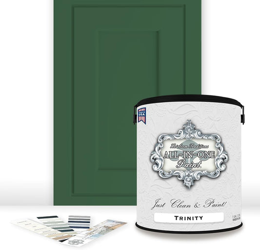 ALL-IN-ONE Paint, Durable cabinet and furniture paint. Built in primer and top coat, no sanding needed. Includes our 30 featured color card - Trinity (green), Gallon