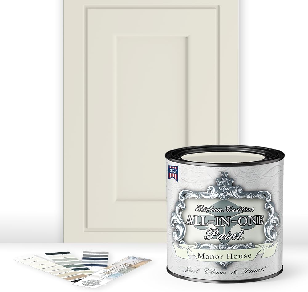 ALL-IN-ONE Paint, Durable cabinet and furniture paint. Built in primer and top coat, no sanding needed. Includes our 30 featured color card - Manor House (creamy off white), Quart