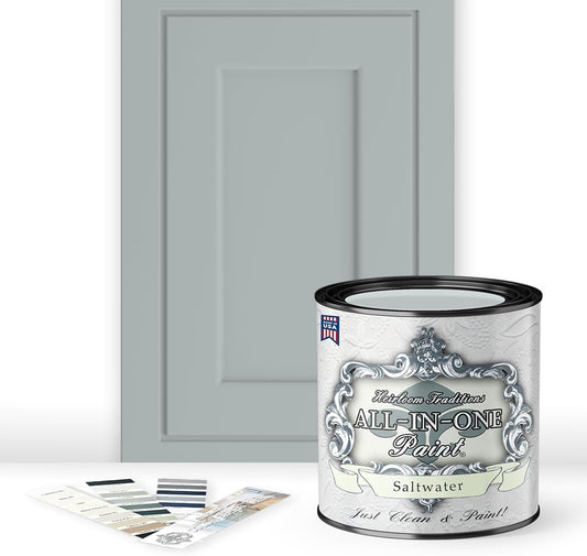 ALL-IN-ONE Paint, Durable cabinet and furniture paint. Built in primer and top coat, no sanding needed. Includes our 30 featured color card - Saltwater (pale green), Quart
