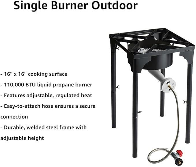 Adjustable Tall Gas Stove with Hose Guard, Steel Heavy Duty Single Burner Outdoor Patio Stove, Tank Cooker Perfect for Deep Frying or Steaming, Turkey Fry, Catered Events, Camping, Range - 110,000BTU