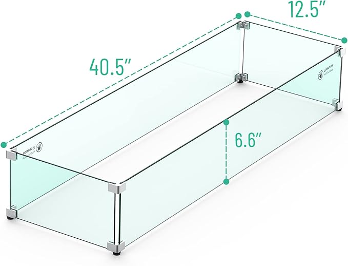 Skyflame Linear Fire Pit Wind Guard – 40.5" x 12.5" Thick Tempered Glass Firepit Screen/Clear Shields for Propane Fire Pit Table