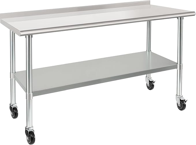 HARDURA Stainless Steel Table 24 x 60 Inches with Wheels Casters NSF Heavy Duty Commercial Prep Table with 2” Backsplash and Adjustable Undershelf for Restaurant Kitchen Home and Hotel