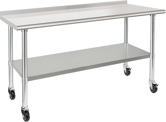 HARDURA Stainless Steel Table 24 x 60 Inches with Wheels Casters NSF Heavy Duty Commercial Prep Table with 2” Backsplash and Adjustable Undershelf for Restaurant Kitchen Home and Hotel