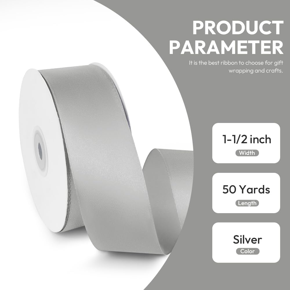 1-1/2" x 50 Yards Satin Ribbon - Silver Silk Ribbon with Spool - Ideal for Gift Wrapping, Floral Bouquets, Crafts, Wedding Party Decorations, Christmas and Sewing Projects