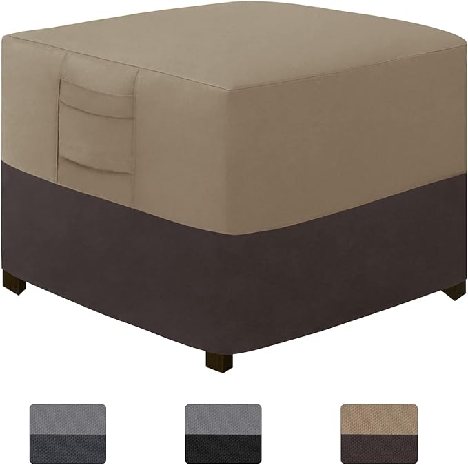 Easy-Going Outdoor Ottoman Cover, Waterproof Patio Ottoman Cover, Heavy Duty Outdoor Furniture Cover with Padded Handles (28"x28"x17", Camel/Dark Brown)