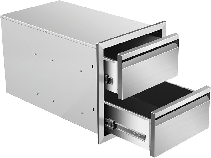 Outdoor Kitchen Drawers 14" W x 15" H x 23" D Stainless Steel Double Drawers with Hidden Handle for BBQ Island, Patio Grill Station & Outdoor Kitchen Cabinets