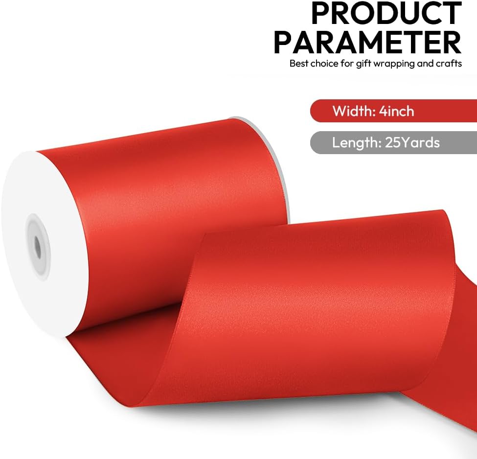 4 Inch 25 Yard Wide Satin Ribbon Red, Solid Fabric Large Ribbon Roll for Cutting Ceremony Wedding Opening Party Decoration, Chairs, Sewing, Festival Pageant Sashes