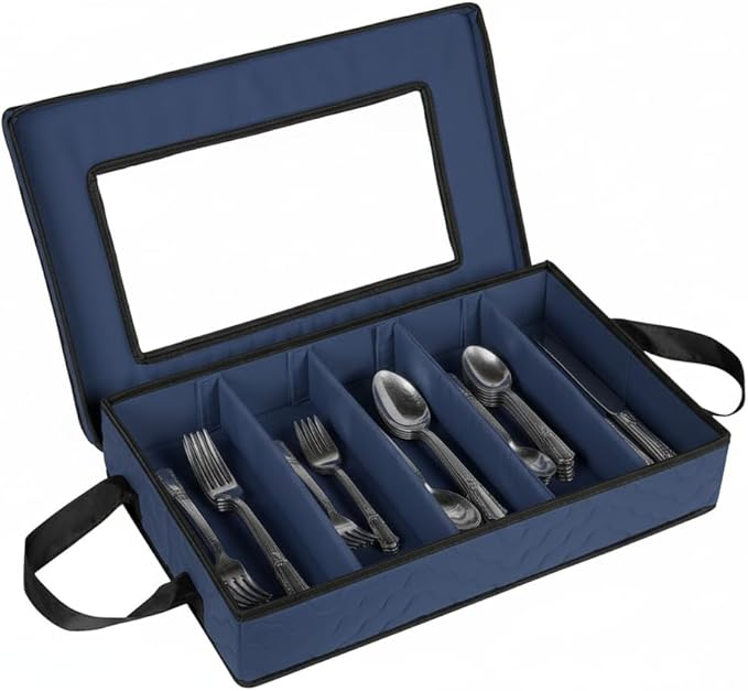 Flatware Storage Case - Durable 5 Compartment Silverware Storage Container Box with Removable Lid and Easy to Carry Handles - Large Capacity Keeps Your Cutlery Organized & Protected - Blue