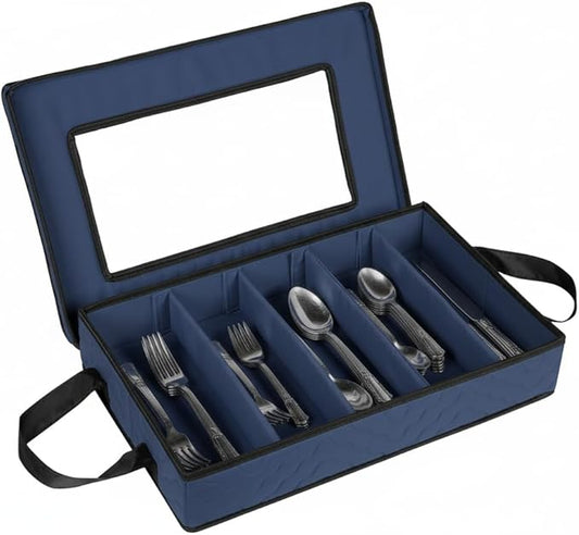 Flatware Storage Case - Durable 5 Compartment Silverware Storage Container Box with Removable Lid and Easy to Carry Handles - Large Capacity Keeps Your Cutlery Organized & Protected - Blue