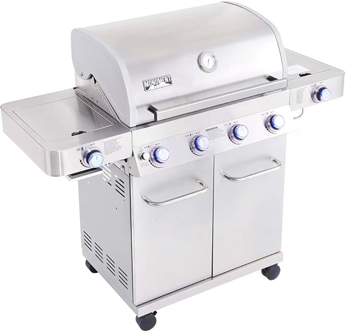 Monument Grills Larger 4+2 Burner Propane Gas Grills Stainless Steel Cabinet Style with Side & Side Sear Burners, Built-In Thermometer, and Knob Controls