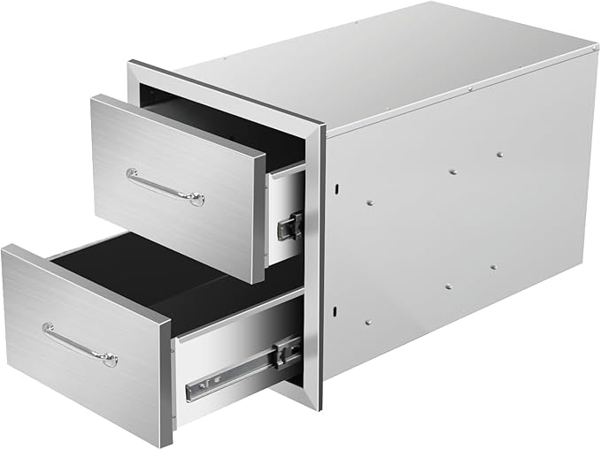 Outdoor Kitchen Drawers 14" W x 15" H x 23" D Stainless Steel Double Drawers with Ergonomic Handle for BBQ Island, Patio Grill Station & Outdoor Kitchen Cabinets