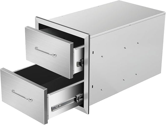 Outdoor Kitchen Drawers 14" W x 15" H x 23" D Stainless Steel Double Drawers with Ergonomic Handle for BBQ Island, Patio Grill Station & Outdoor Kitchen Cabinets