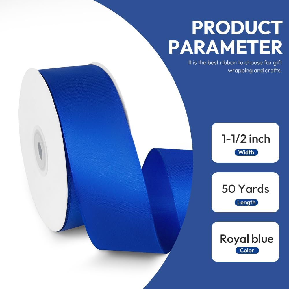 1-1/2" x 50 Yards Satin Ribbon - Roya Blue Silk Ribbon with Spool - Ideal for Gift Wrapping, Floral Bouquets, Crafts, Wedding Party Decorations, Christmas and Sewing Projects