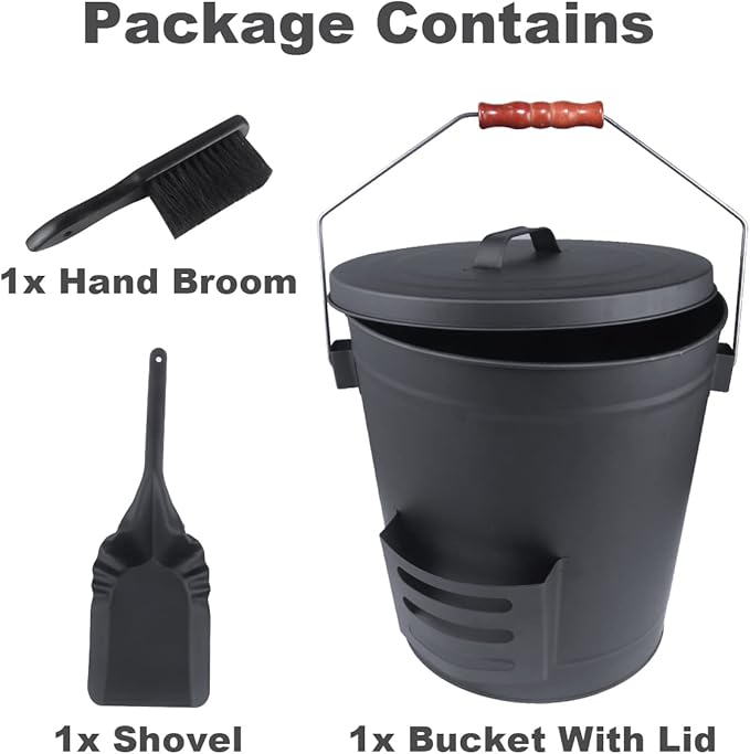 Ash Bucket with Lid and Shovel Hand Broom, 5.15 Gallon Large Galvanized Iron Metal Fireplace Tools Ash Pail for Fire Places Fire Pits Wood Burning Stoves Hearth Accessories Indoor Outdoor, Black