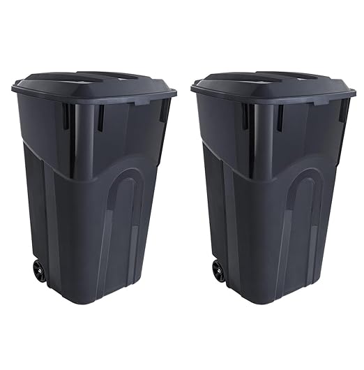 32 Gallon Heavy Duty Wheeled Plastic Garbage Can with Attached Lid and Easy Grip Handle – Bottom Hand Groove, Rugged Wheels, Indoor Outdoor Trash Can for Home, Kitchen, Yard, Patio (2)