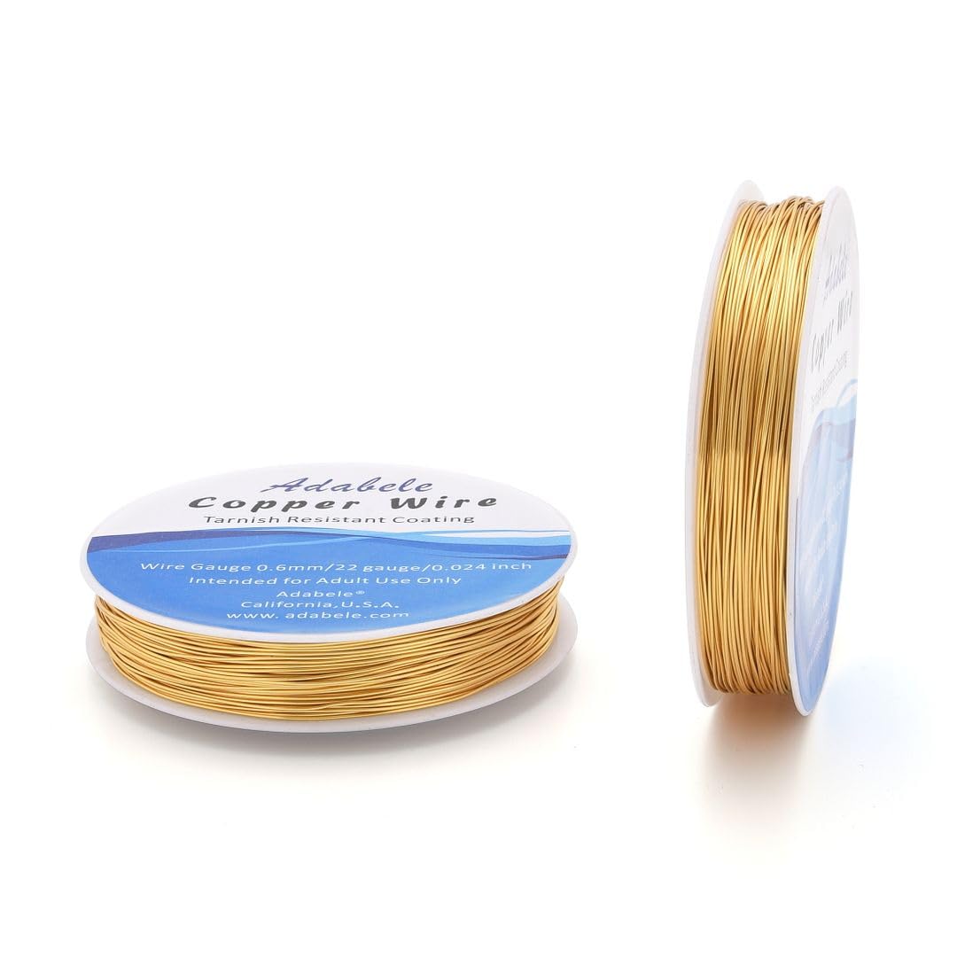 Adabele 124 Feet Premium Tarnish Resistant Round Jewelry Wire Copper Beading Wire Spool Bulk (0.6mm/22 Gauge) 18K Gold Plated for DIY Craft Jewelry Making BF286-6