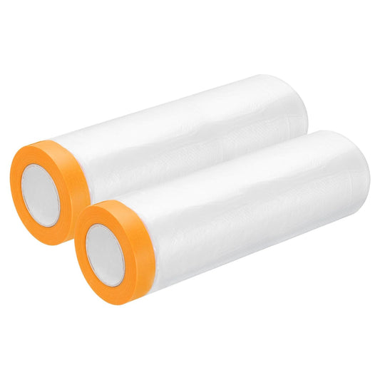 uxcell 2 Rolls Painters Plastic with Tape, 12 x 52 Ft Pre-Taped Masking Film Tape and Plastic Film Paint Plastic Covering Roll for Covering Skirting, Frames and Auto Body, Yellow/Clear