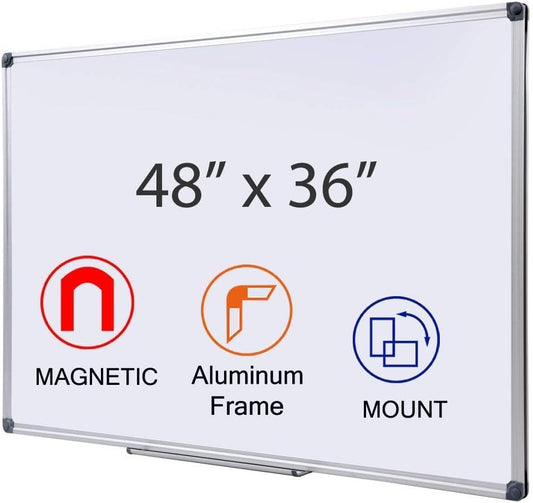 48" x 36" Magnetic Whiteboard for Wall Mount | Large Dry Erase Board with Aluminum Frame & Pen Tray | Office, Classroom, Home Use | Durable White Board for Presentations, Messages, Planning