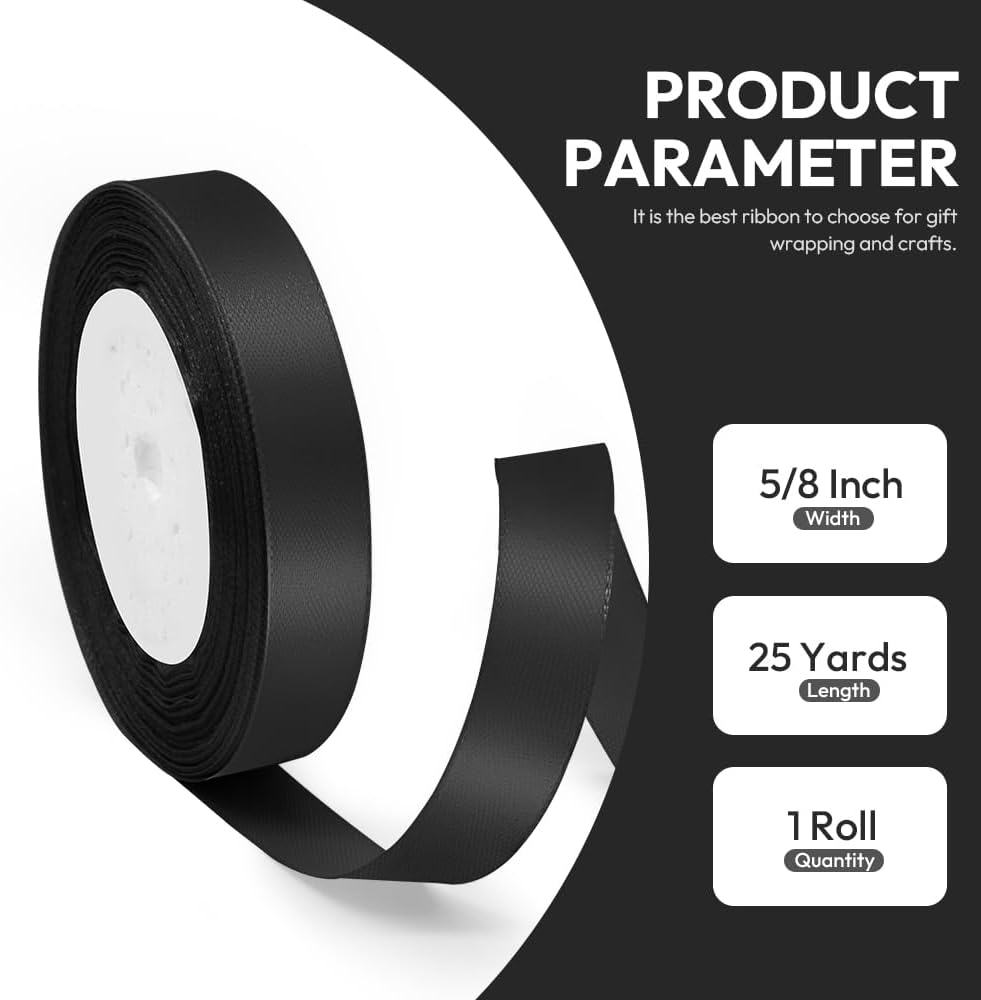 5/8" x 25 Yards Satin Ribbon, Black Silk Ribbon Ideal for Gift Wrapping, Floral Bouquets, Crafts, Wedding Party Decorations, Christmas and Sewing Projects