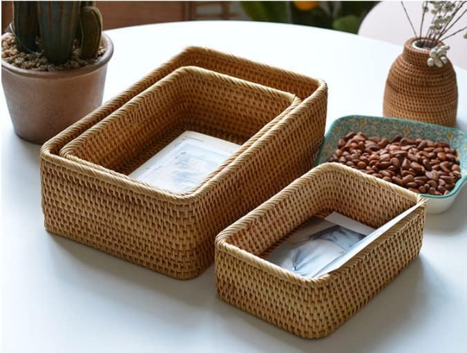 Natural Rattan Storage Baskets, Rectangular Woven Fruit Baskets, Decorative Wicker Basket and Small Baskets for Organizing (Set of 3)