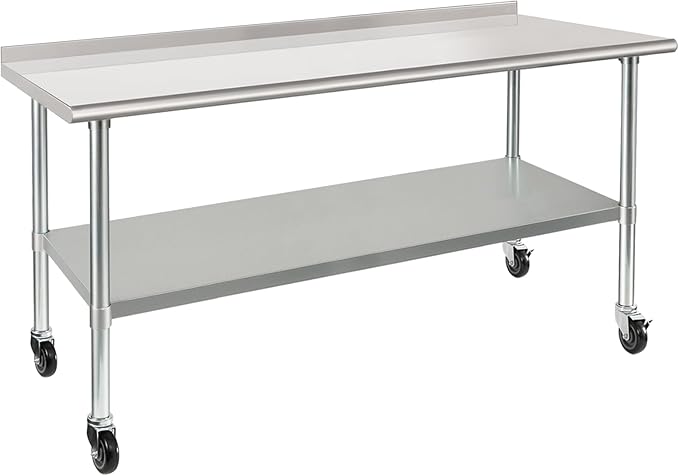 HARDURA Stainless Steel Table with Wheels 30X72 Inches NSF Heavy Duty Commercial Prep Table with 2” Backsplash and Adjustable Undershelf for Food Prep