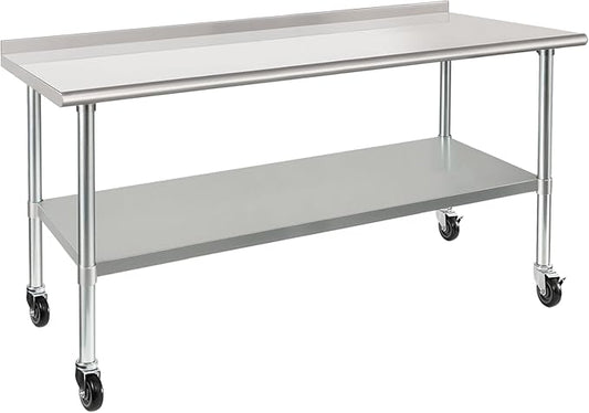 HARDURA Stainless Steel Table with Wheels 30X72 Inches NSF Heavy Duty Commercial Prep Table with 2” Backsplash and Adjustable Undershelf for Food Prep
