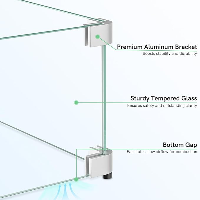 16" x 16" x 6" Glass Wind Guard for Propane Gas Fire Pit Table, Square Thick Tempered Glass Shield, Firepit Glass Barrier with Aluminum Corner Bracket & Rubber Feet