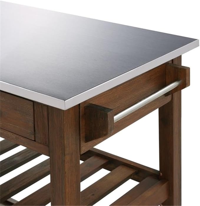 BOWERY HILL Modern Wood/Stainless Steel Kitchen Cart in Chestnut Wire-Brush