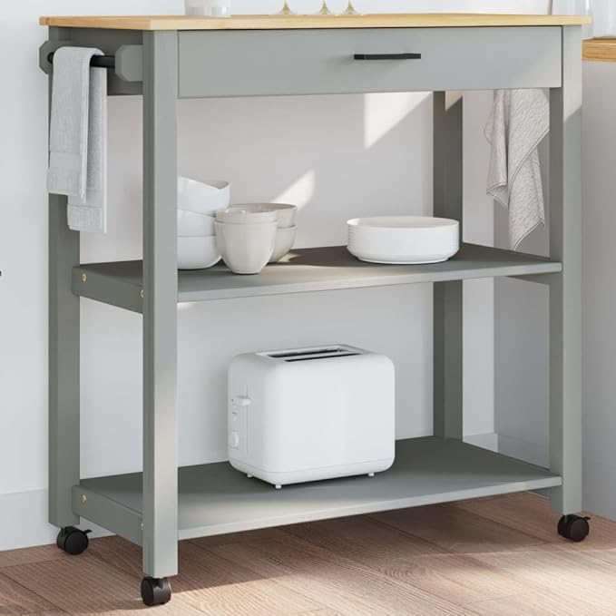 Kitchen Trolley Monza Rolling Kitchen Island Cart with Storage, Portable Dining Room Serving Utility Carts, Gray 33.1" x 15.7" x 35.4" Solid Wood Pine KH78A