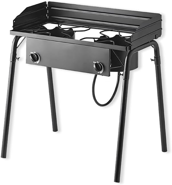 32" Gas Stove with Hose Guard, Steel Heavy Duty Double Burner Outdoor Patio Stove, Tank Cooker Perfect for Deep Frying or Steaming, Turkey Fry, Catered Events, Restaurants, Camping, Range - 150,000BTU