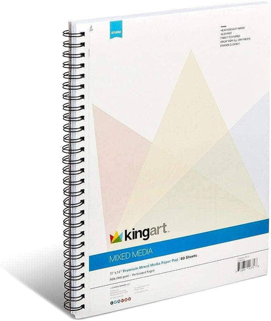KINGART Mixed Media Sketchbooks, 11 x 14 Inches, 60-Sheet, 98lb/160gsm Acid-Free Paper, Micro-Perforated, Spiral-Bound, Wet and Dry Media