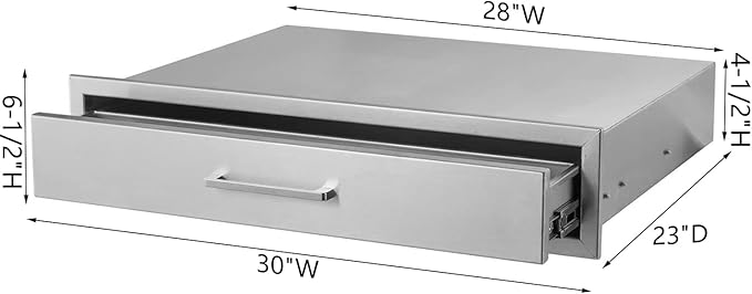 Outdoor Kitchen Single Drawer 30" Stainless Steel BBQ Single Drawer -30" W x 6.5" H x 23" D Enclosed Built-in Drawer Flush Mount for Outdoor Kitchens & BBQ Islands