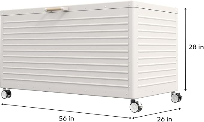 MIRADOR 175 Gallon Outdoor Storage Box Waterproof, Metal Deck Box with wheels for Patio Furniture, Garden Tools, Outdoor Cushion, Latte