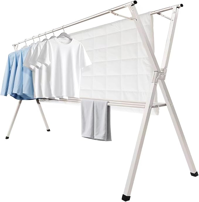 79 inches Foldable Clothes Drying Rack, Heavy Duty Stainless Steel Laundry Drying Rack for Indoor Outdoor, Clothes Rack Adjustable Length. 3 Additional Reinforcement Bars with 20 Windproof Hooks