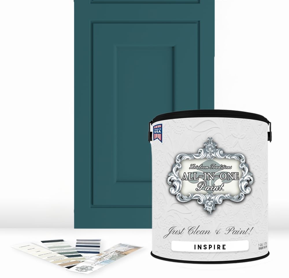 ALL-IN-ONE Paint, Durable cabinet and furniture paint. Built in primer and top coat, no sanding needed. Includes our 30 featured color card - Inspire (deep teal), Gallon